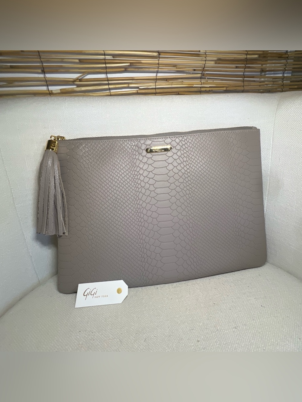 GiGi New York Taupe Snake-Embossed Tassel Zip Clutch